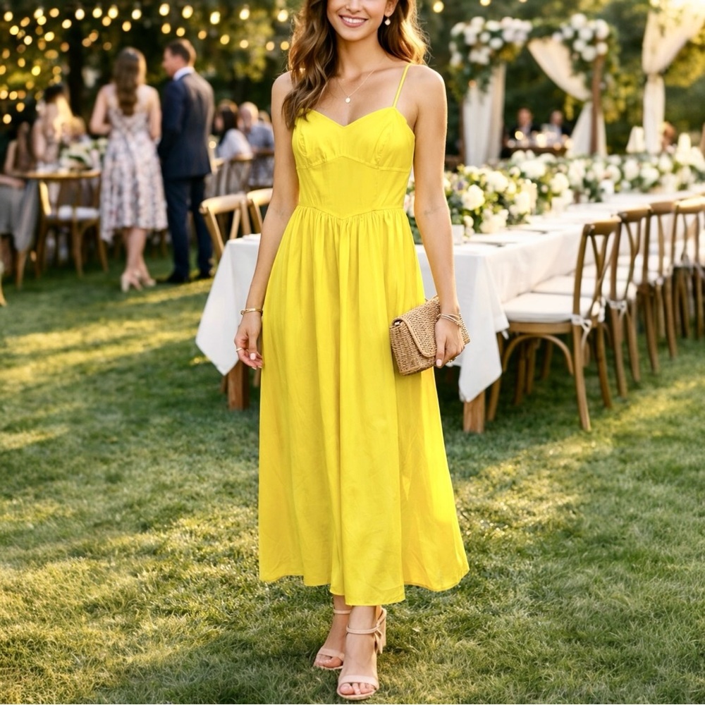 French Connection Blazing Yellow Cotton Midi Dress NWT Wedding Guest Size 6 $148